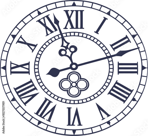 Vintage clock face with Roman numerals and retro hands