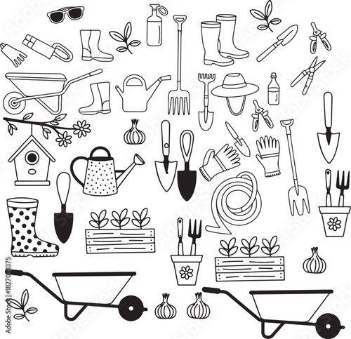 Gardening Tools and Accessories, Hand-drawn Line Art for Outdoor and Garden Design