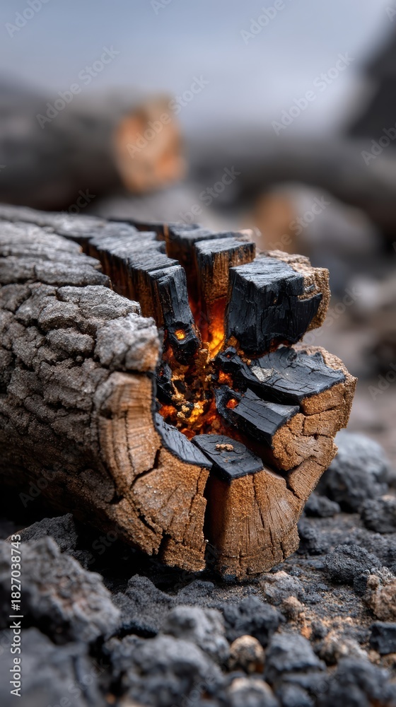 Fototapeta premium The charred wood surface reveals a complex network of rich black cracks, while glowing reflections dance across its texture. 