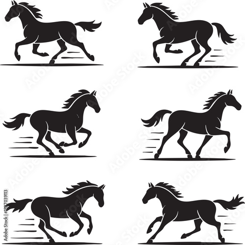 Elegant black horse silhouettes running strong vector design graphic art