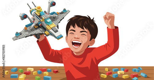 A joyful boy celebrates his completed airplane model, raising arms in triumph.