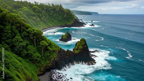Lush Coastline Scenery - Waves Crashing on Rocks in Paradise.