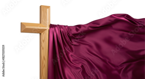 Wooden Christian cross with purple draped cloth isolated PNG, symbol of faith and resurrection on transparent background