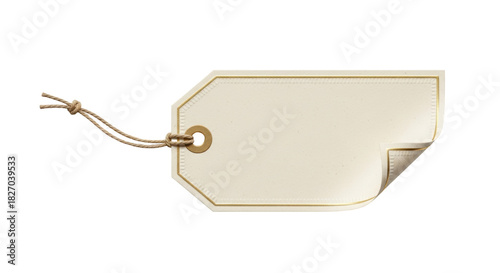Blank beige paper tag with golden border isolated PNG, price label with string for product branding and gift wrapping