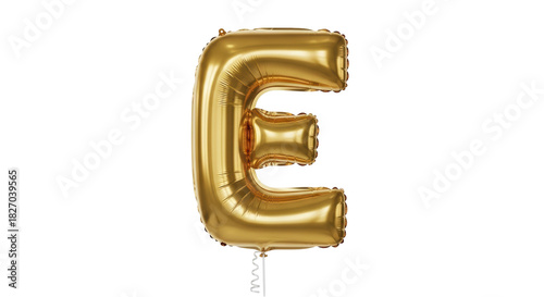 Golden letter E balloon isolated PNG on transparent background, shiny metallic foil party decoration for celebration and festive events