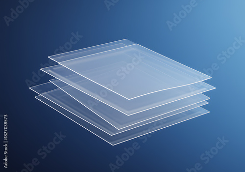 Stack of transparent plastic sheets or laminating pouches shown at a slight angle against a dark blue gradient background, representing protection or document covering