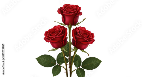 Three red roses isolated PNG on transparent background, beautiful romantic flowers for love, Valentine s Day and wedding design