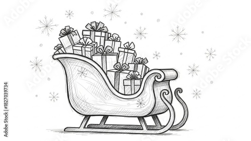 Whimsical holiday cheer featuring a delightful sleigh overflowing with gifts and sparkling snowflakes, perfect for festive designs and winter celebrations