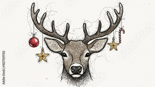 Whimsical festive deer portrait with ornament and candy cane accents, perfect for seasonal greetings and holiday designs, creating a joyful winter atmosphere