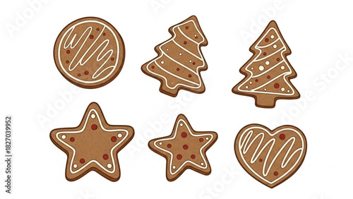 Festive gingerbread cookies with icing details: Christmas tree, star, heart, and circle shapes evoke holiday cheer, baking traditions, and sweet indulgence