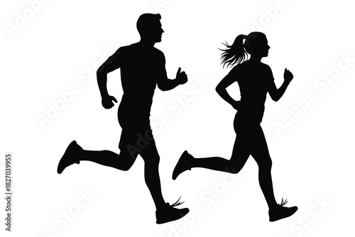 Silhouettes of man and woman running together marathon