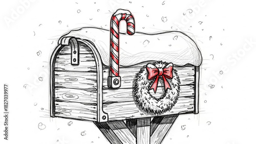 Festive winter mailbox with candy cane and wreath, charming Christmas spirit, holiday cheer and anticipation for seasonal greetings, hand drawn style