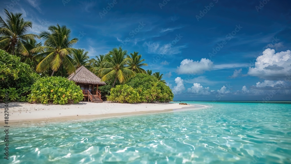 Naklejka premium Tropical beach with palm trees, a hut, clear turquoise water, and a blue sky with clouds. Island paradise scene.