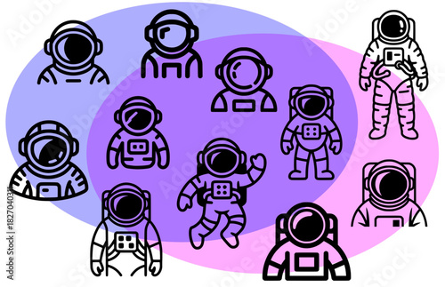 Astronaut icons set line art illustration for space science exploration and cosmic education