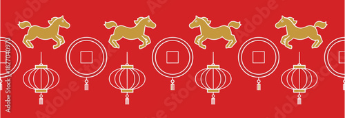 Festive pattern of galloping horses and lanterns on red background, symbolizing celebration