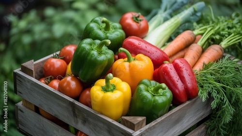 Freshly harvested colorful vegetables in a wooden crate outdoors
