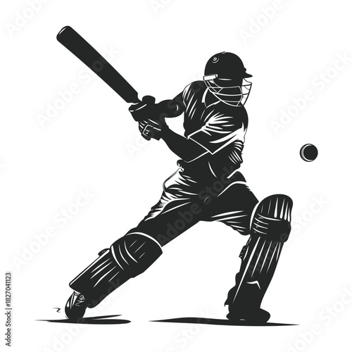Dynamic cricket batsman silhouette hitting ball in action pose