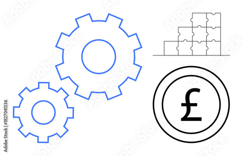 Business concept. Business processes by gears, puzzle pieces, and currency icon. Business solutions connect ideas, innovation, and financial growth. For banking, marketing teamwork innovation