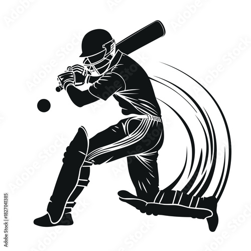 Dynamic cricket batsman silhouette hitting ball in action pose
