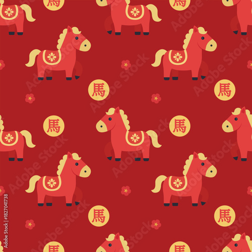 Chinese New Year horse cartoon 2026  zodiac Asian horoscope red seamless pattern illustration