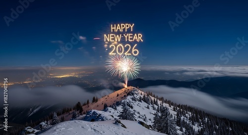 Happy New Year 2026 fireworks celebration over a snowy mountain peak at night