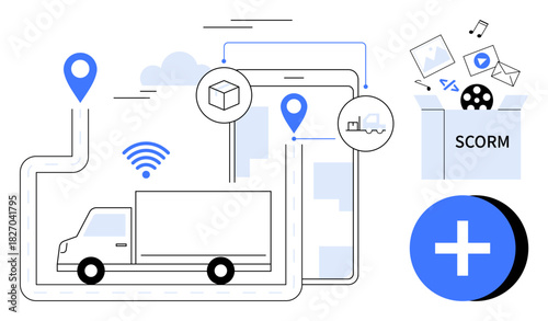 Logistics concept. Logistics truck tracking, digital tools, and SCORM content integration. Logistics optimizing supply chains and learning management systems. For e-learning, transportation, data