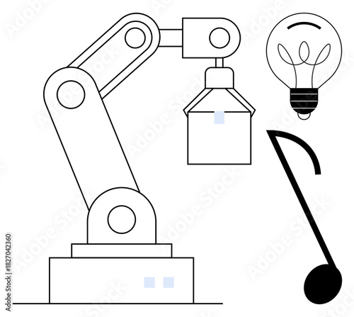 Robotic arm holding an object, a light bulb symbolizing ideas, and a musical note combining technology, invention, and artistry. Ideal for innovation, creativity, technology, automation music smart