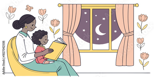 Mother and child reading bedtime story with moon and tulip motifs