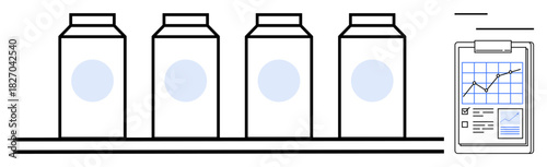 Four milk cartons arranged on a shelf beside a clipboard displaying a data chart. Ideal for production tracking, inventory management, quality control, analytics, logistics, dairy industry, simple