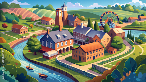 Very beautiful aerial panorama featuring a well-preserved historic mill complex surrounded by calm greenery and a gentle riverside setting, with classic brick architecture and a peaceful New England 
