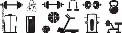 Fitness equipment icons set in a vector graphic style representation