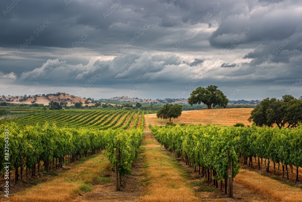 Fototapeta premium Serene Paso Robles Winery: Rustic Rows of Grapevines Underneath a Cloudy California Sky