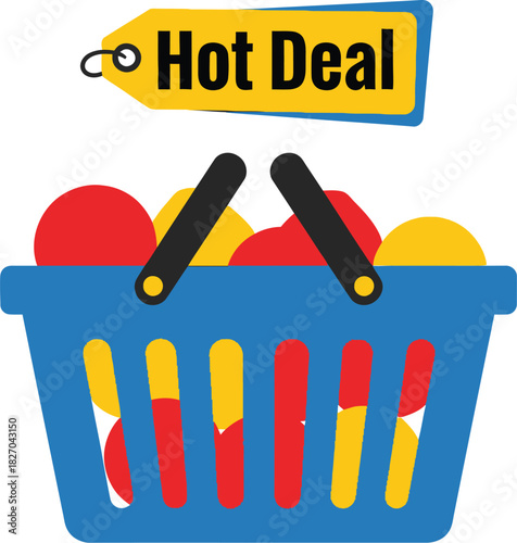 A blue shopping basket is filled with colorful fruits and has a "Hot Deal" tag attached to its handle.