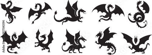 Majestic Dragons in Silhouette A Timeless Fantasy Illustration Collection