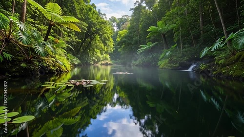 Lush Rainforest River - A Tranquil Journey Through Natures Embrace.
