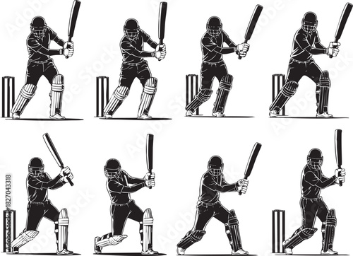 Monochrome cricket batsman illustration set vector sporty graphic design collection