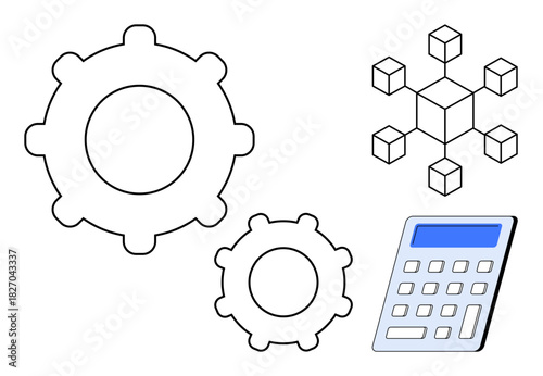 Gear wheels, a digital calculator, and a blockchain-thumbs up cube network symbolize technology, efficiency, and data systems. Ideal for automation, engineering, blockchain, finance computation