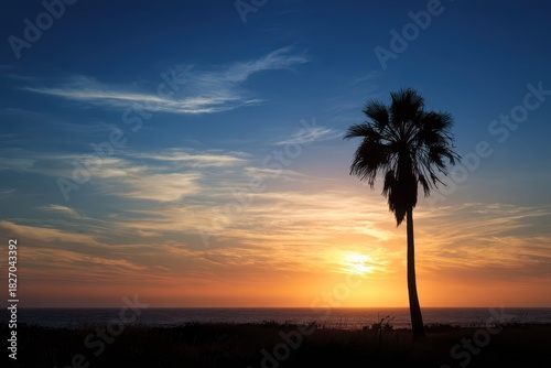 Tropical Sunset over Abbot Kinney: Silhouetted Palms and Beachscape Beneath Colorful Sky