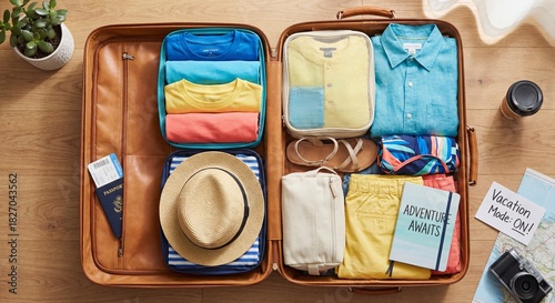 Open suitcase with neatly packed colorful clothes, accessories, and travel essentials on a wooden floor