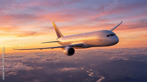 A sleek commercial airplane soaring through a vibrant sunset sky above fluffy clouds and distant landscapes