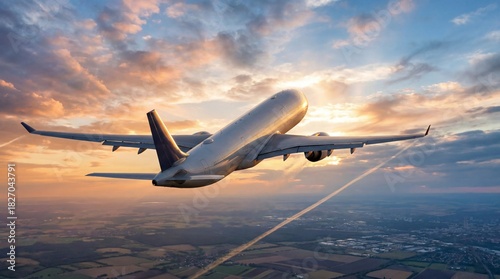 Aerial view of a commercial airplane flying above a landscape during sunset with contrails in the sky