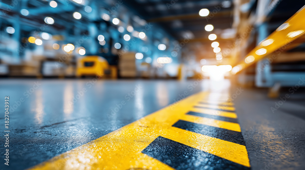 Naklejka premium Cold storage floor, anti-slip surface treatment, warehouse safety feature, logistics walking area, industrial flooring standard, temperature zone detail, textured concrete visible,