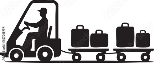 Silhouette man drives a luggage transporter pulling carts with suitcases in this vector