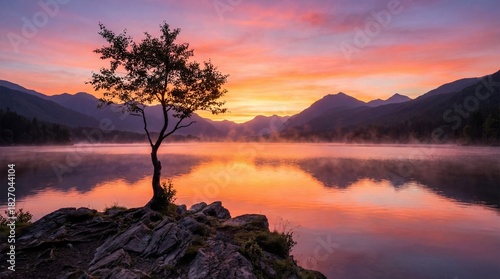 Serene tree on rocky shore at sunrise over calm lake with mountain reflections