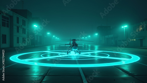 Vivid emergency helicopter landing pad with transforming turquoise tones on markings and perimeter lights