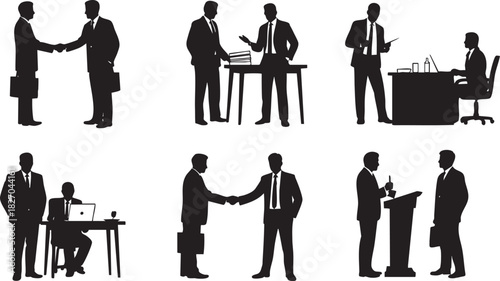 Silhouette business people in different working situations communication cooperation teamwork