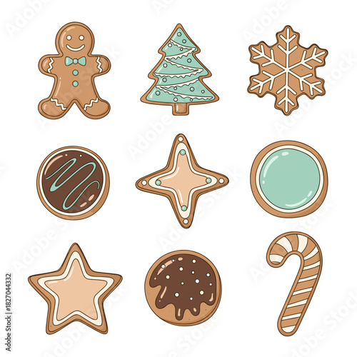 Gingerbread cookie icons in festive shapes and colors for holiday treats  