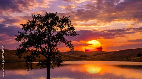 A serene sunset over a calm lake with a solitary tree in silhouette and vibrant sky reflections