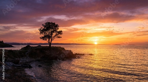A solitary tree on rocky shore during a vibrant sunset over calm waters with flying birds in the sky