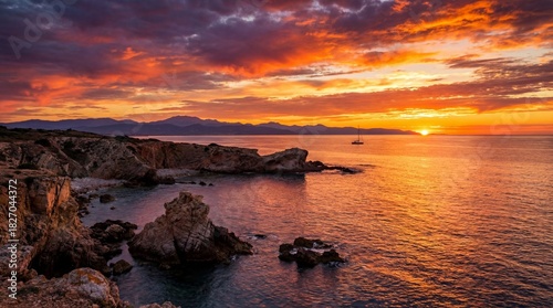 Vibrant sunset over rocky coastline with distant sailboat and mountainous horizon